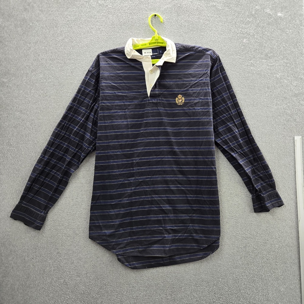 VINTAGE Polo Ralph Lauren Men Polo L Navy Embroidered Striped Crest Rugby READ